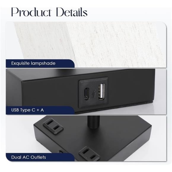 Touch Control Table Lamps Set of 2 - Nightstand Lamp for Bedroom with USB Port - Picture 4 of 7